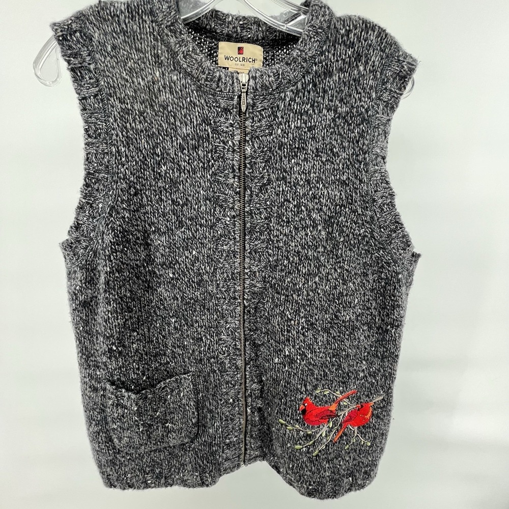 Woolrich Sweater Vest Gray Full Zip‎ Large Cotton Blend Cardinal Birds